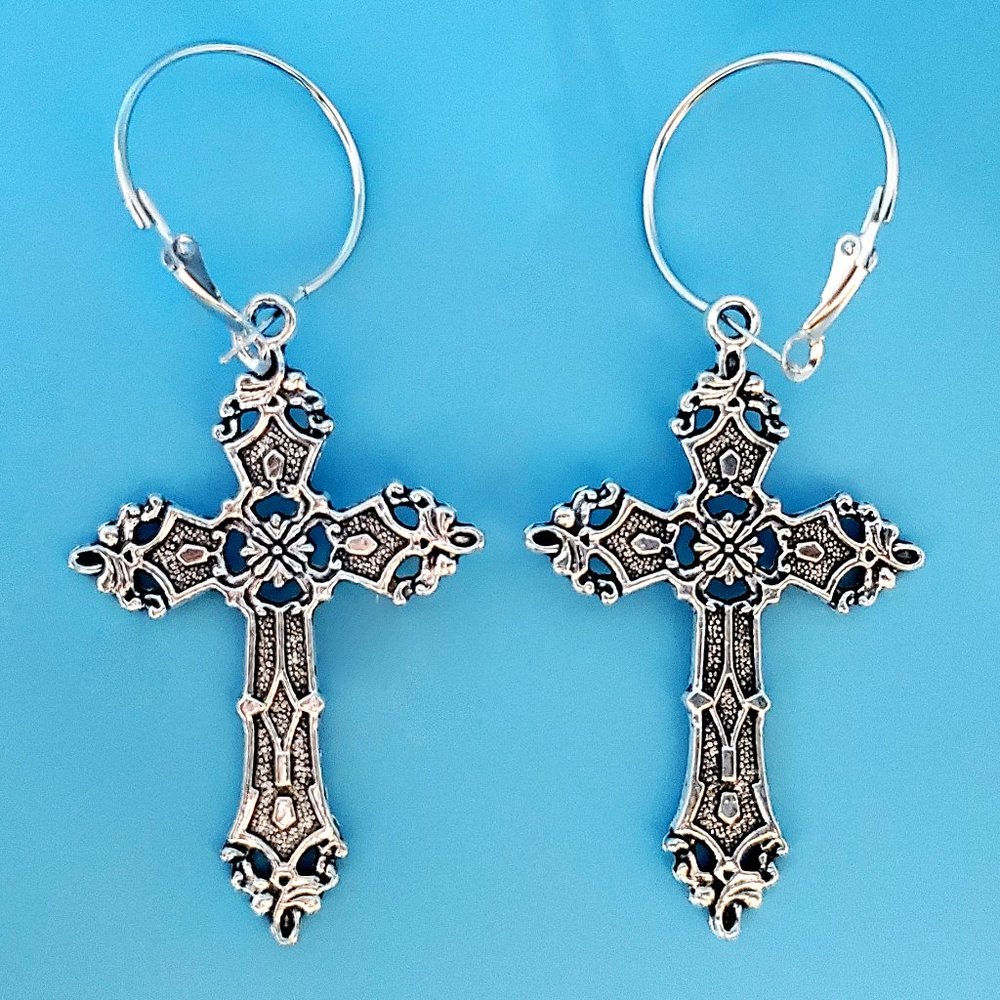 Silver Gothic Cross Earrings